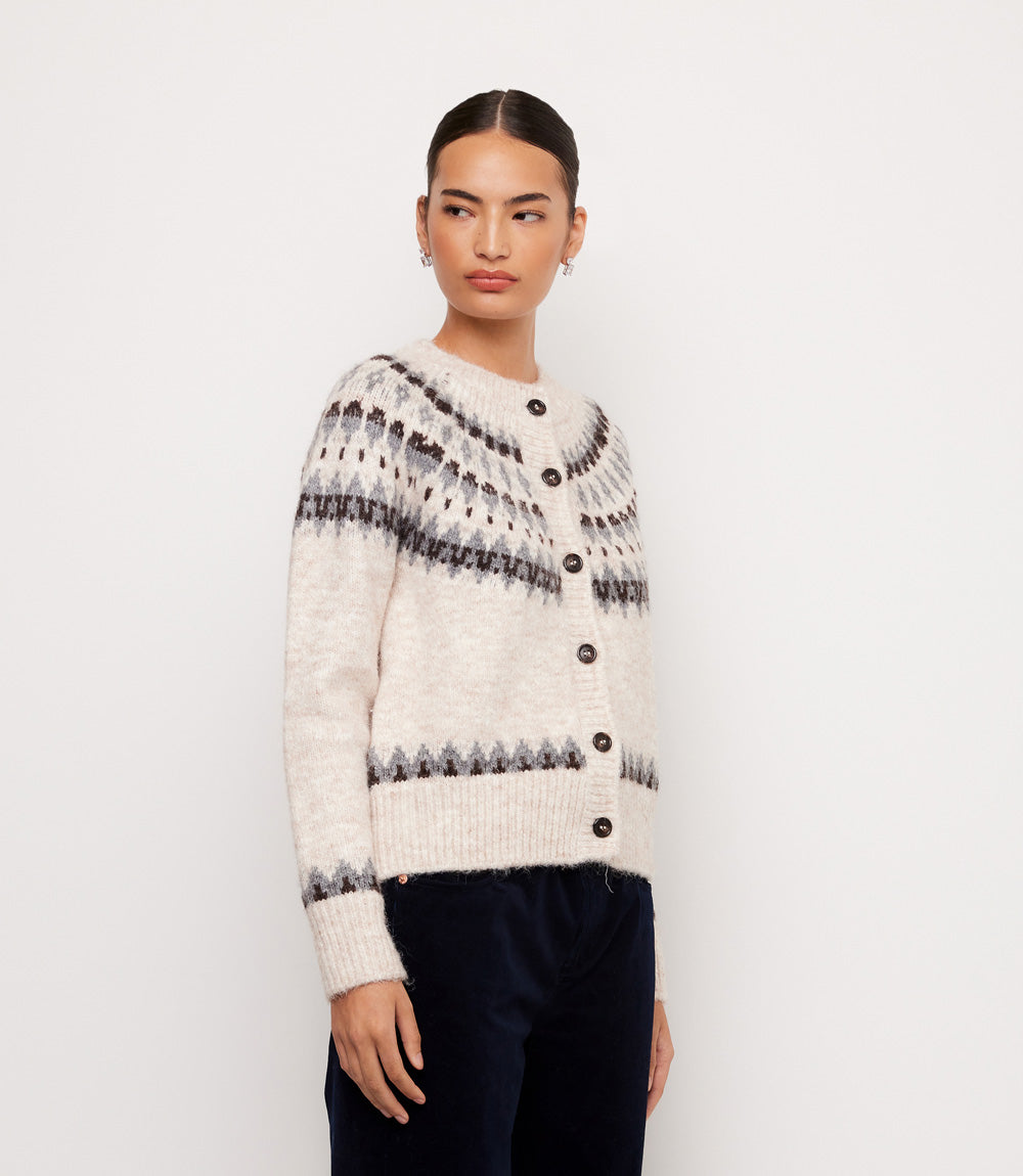 Petite Size Jacquard Crewneck Cardigan Sweater