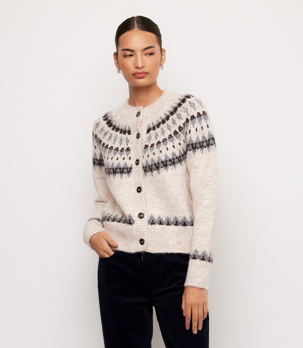 Jacquard Crewneck Cardigan Sweater
