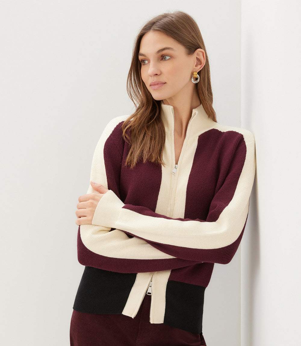 Colorblock Zip-Up Cardigan Sweater