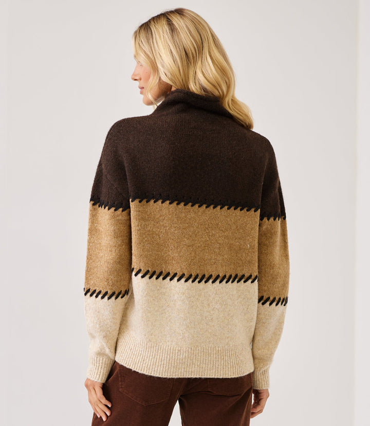 Petite Size Contrast Stitch Mock Neck Colorblock Sweater