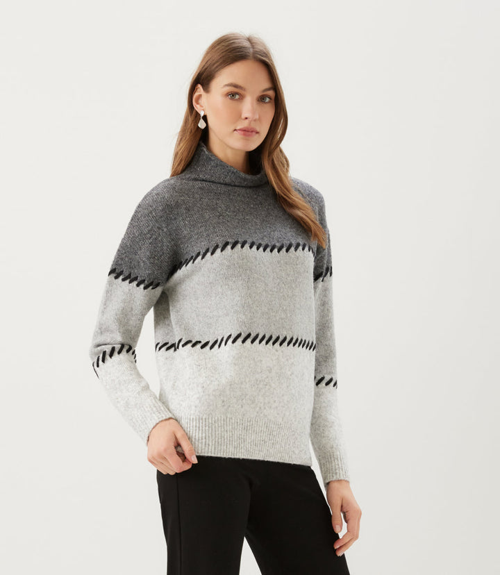 Petite Size Contrast Stitch Mock Neck Colorblock Sweater