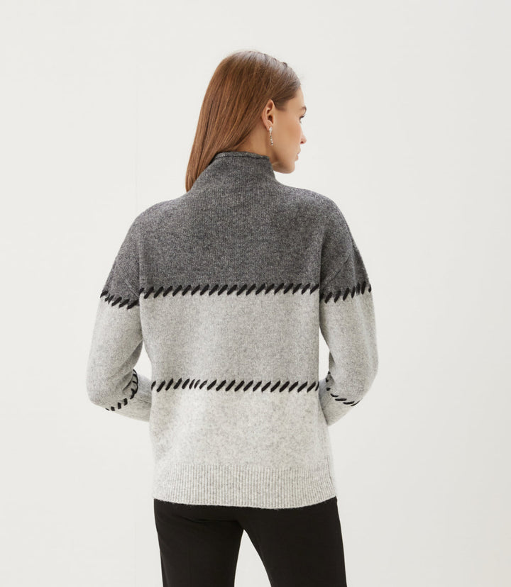 Petite Size Contrast Stitch Mock Neck Colorblock Sweater