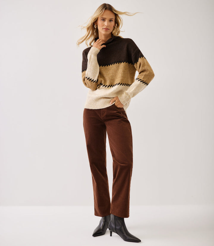 Contrast Stitch Mock Neck Colorblock Sweater