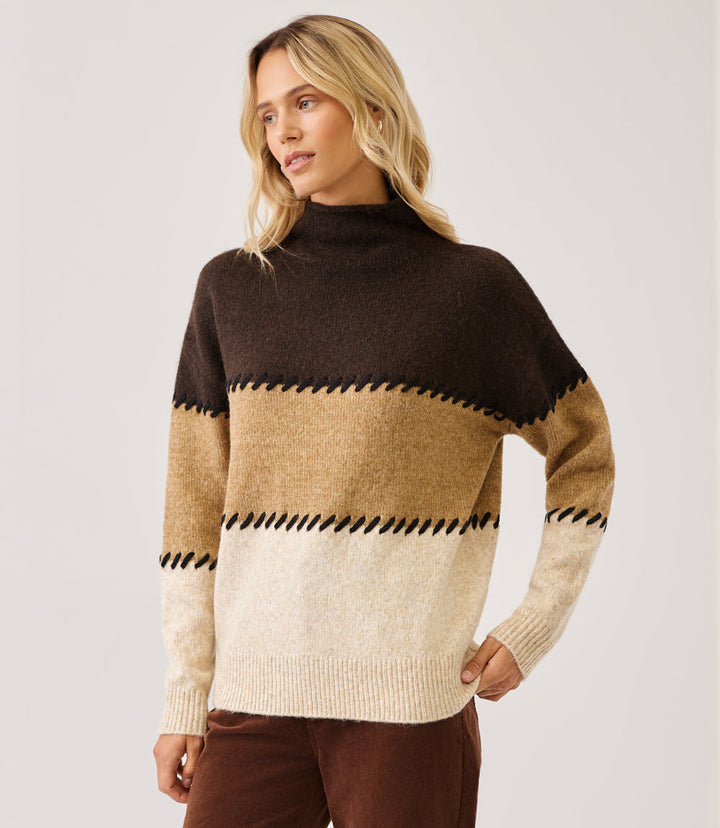 Contrast Stitch Mock Neck Colorblock Sweater