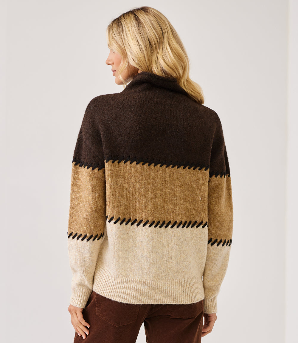 Contrast Stitch Mock Neck Colorblock Sweater