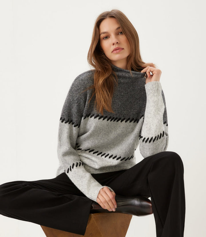 Contrast Stitch Mock Neck Colorblock Sweater