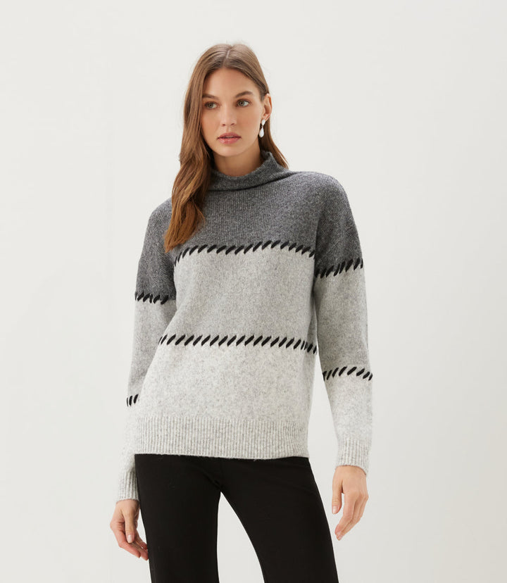 Contrast Stitch Mock Neck Colorblock Sweater