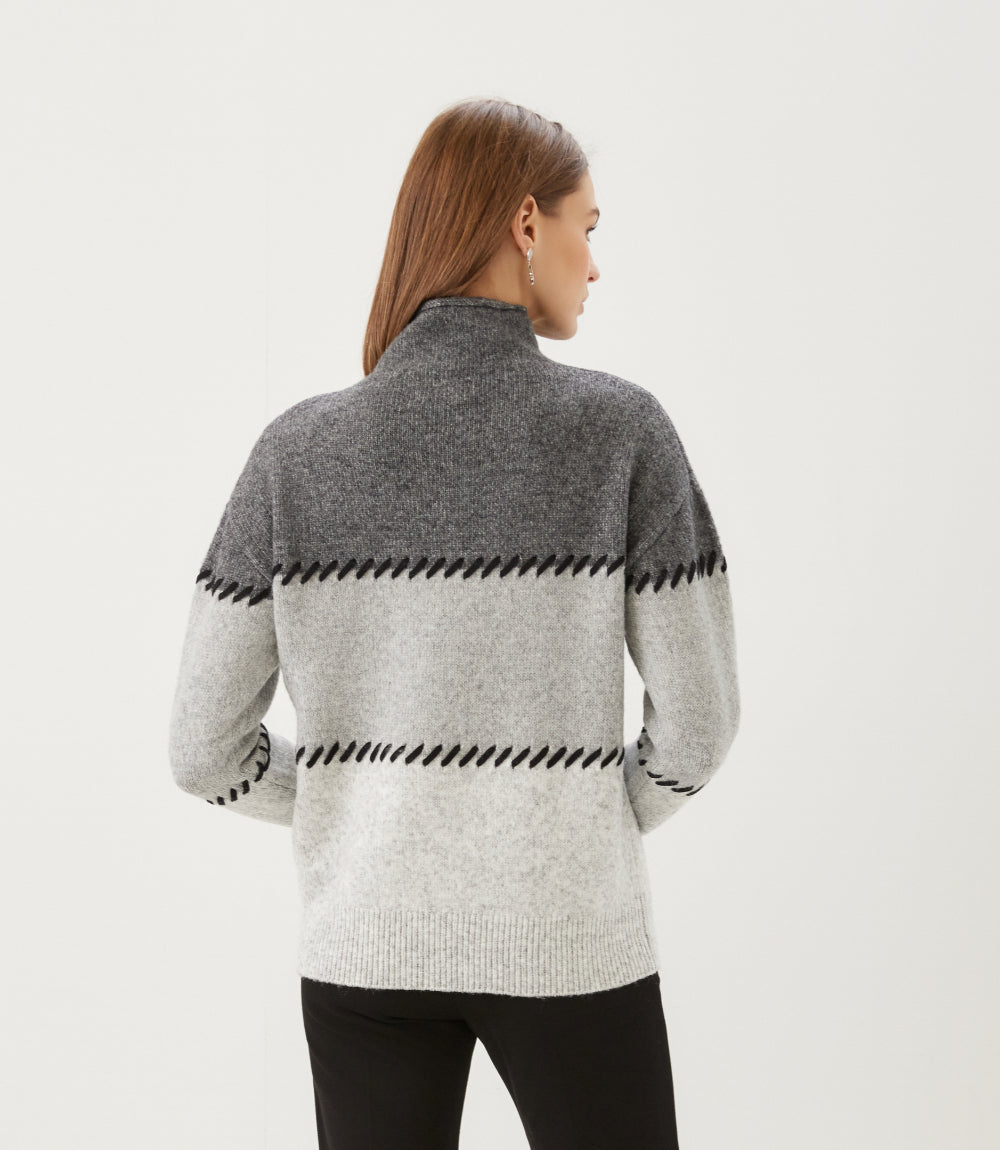 Contrast Stitch Mock Neck Colorblock Sweater