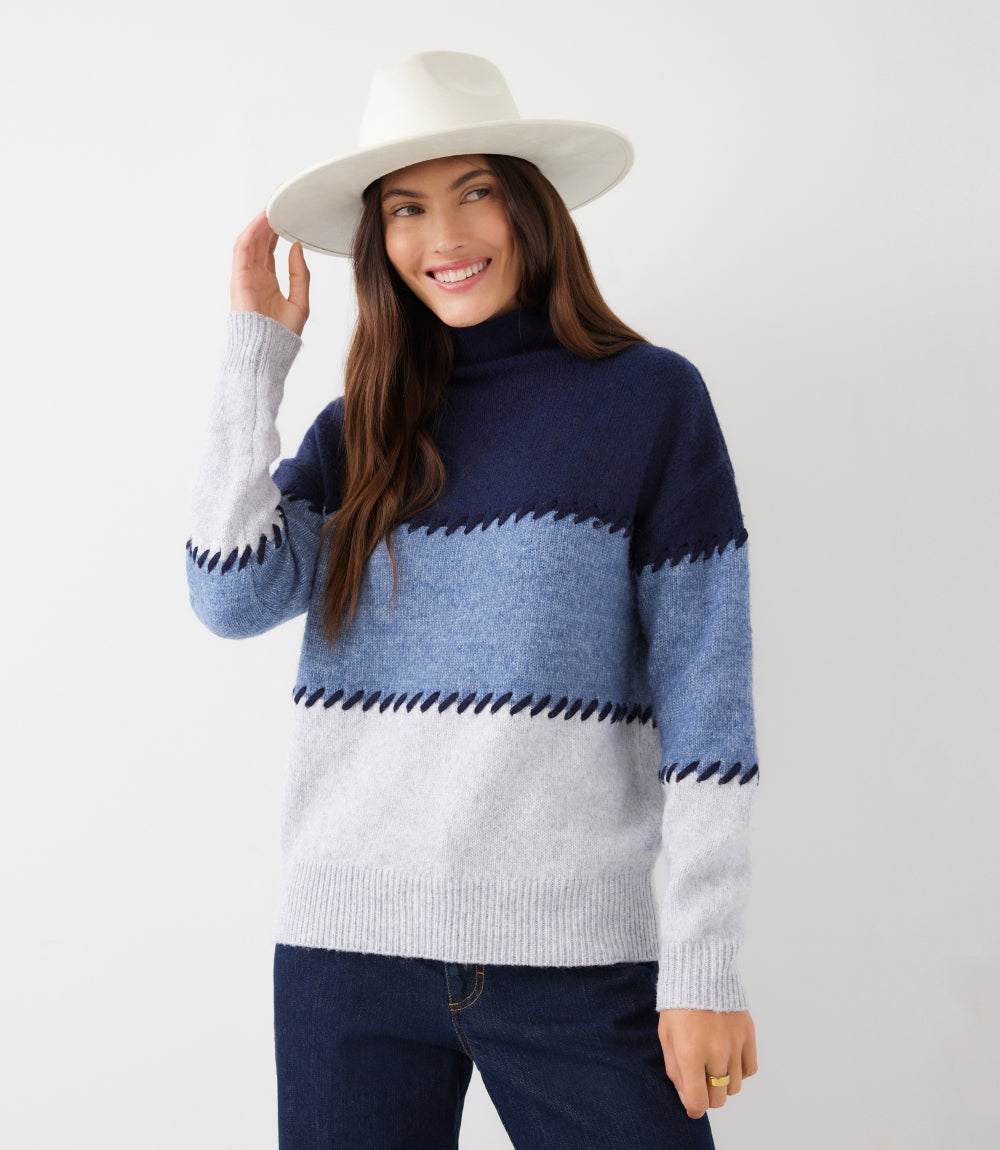 Contrast Stitch Mock Neck Colorblock Sweater