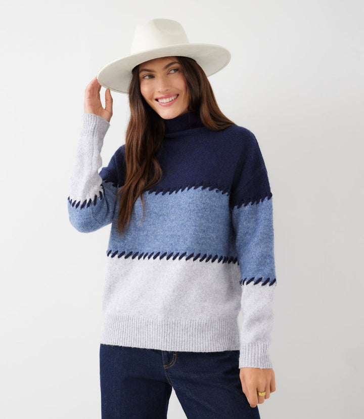 Contrast Stitch Mock Neck Colorblock Sweater