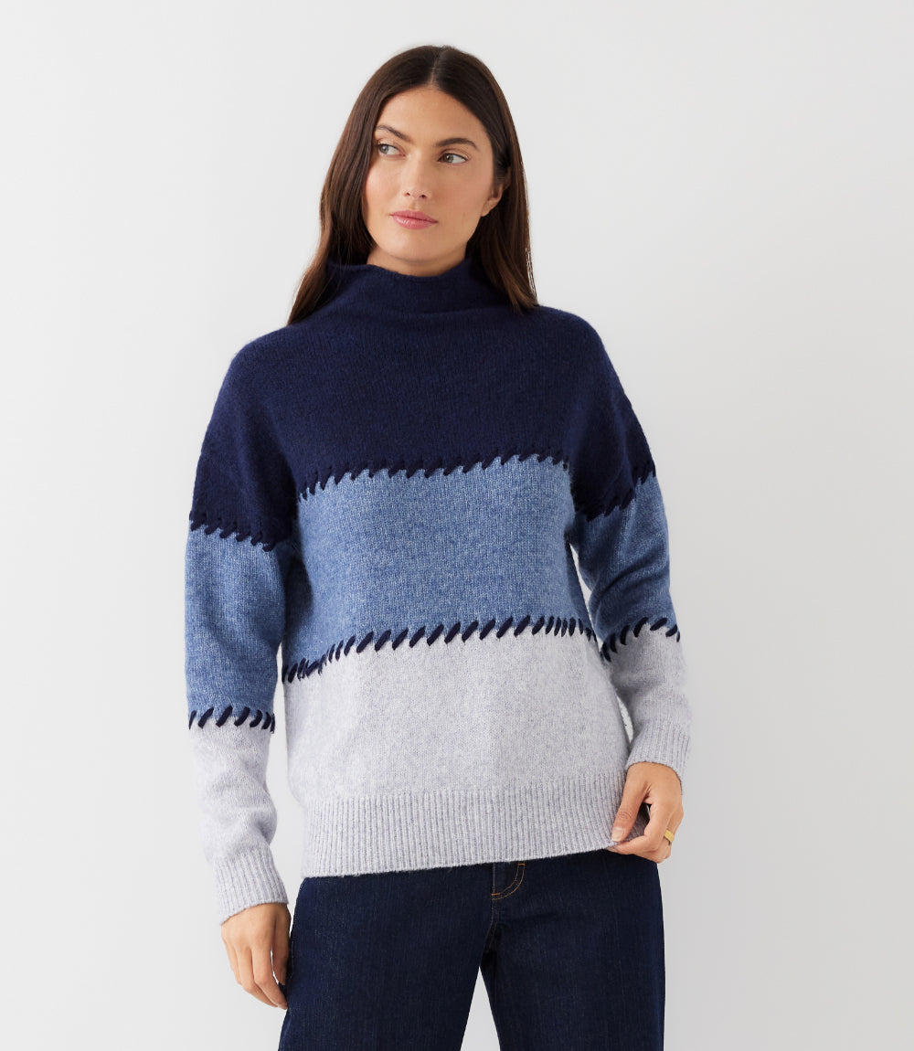 Contrast Stitch Mock Neck Colorblock Sweater