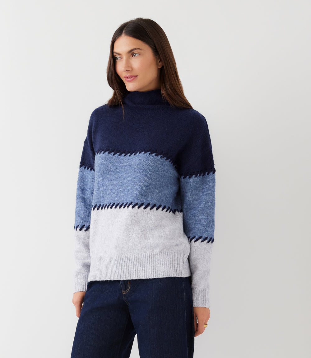 Contrast Stitch Mock Neck Colorblock Sweater