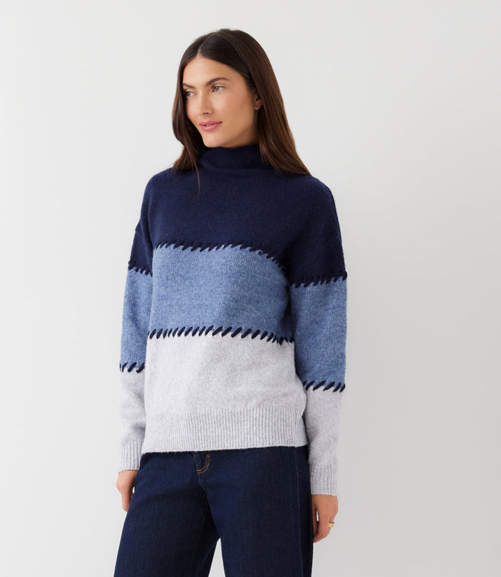 Contrast Stitch Mock Neck Colorblock Sweater