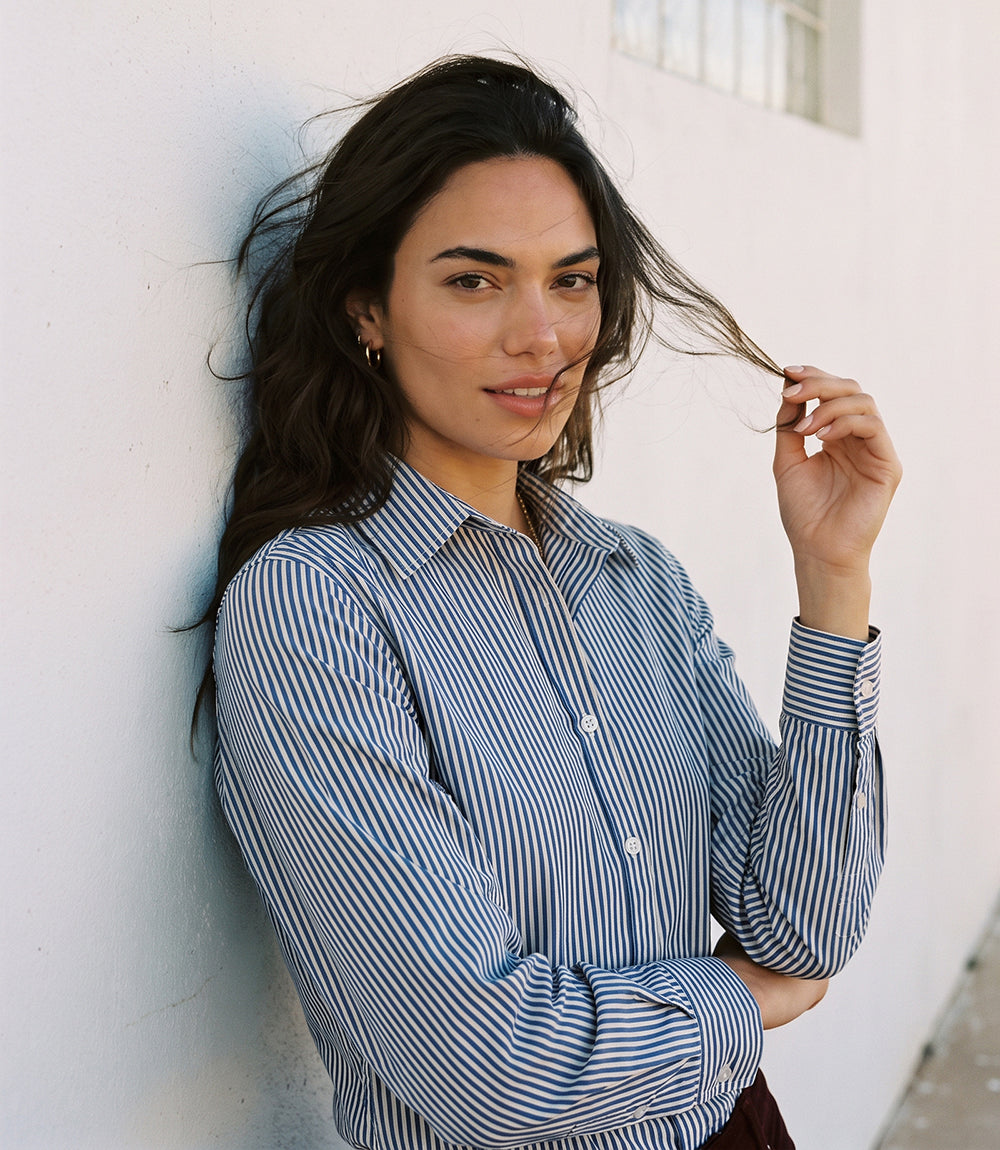 Stripe Long Sleeve Single Pocket Button-Up Shirt