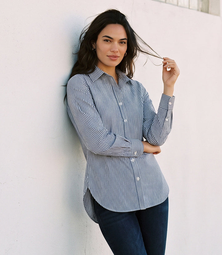 Stripe Long Sleeve Single Pocket Button-Up Shirt