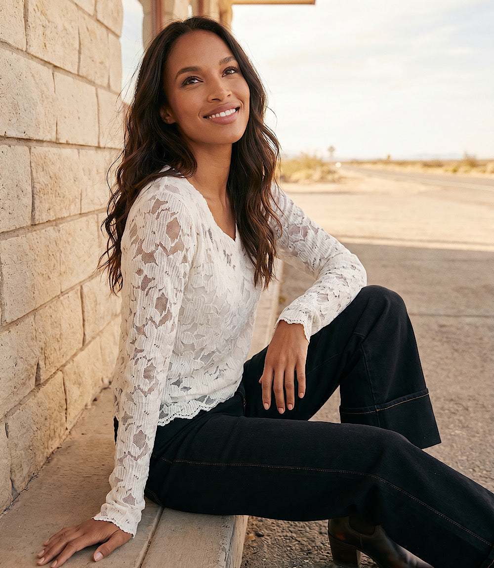 Long Sleeve Floral Burnout V-Neck Top