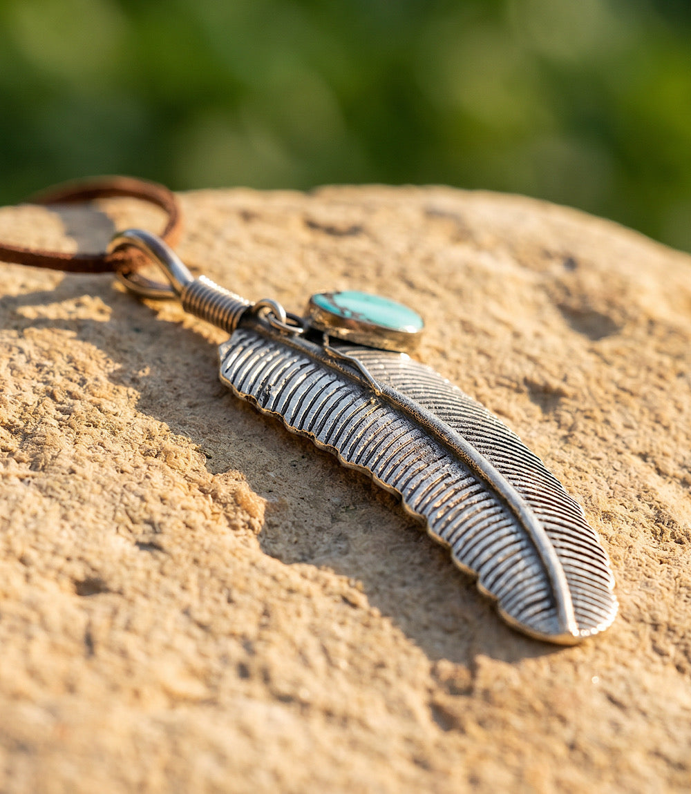 Leather Cord Feather Kingman Turquoise Necklace