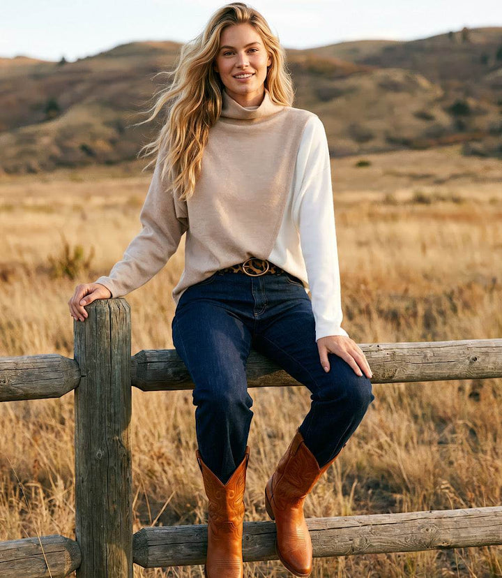 Petite Size Long Sleeve Crossover Colorblock Top