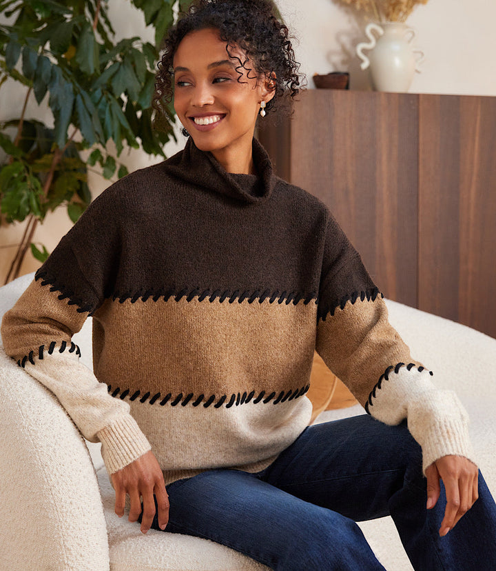 Contrast Stitch Mock Neck Colorblock Sweater