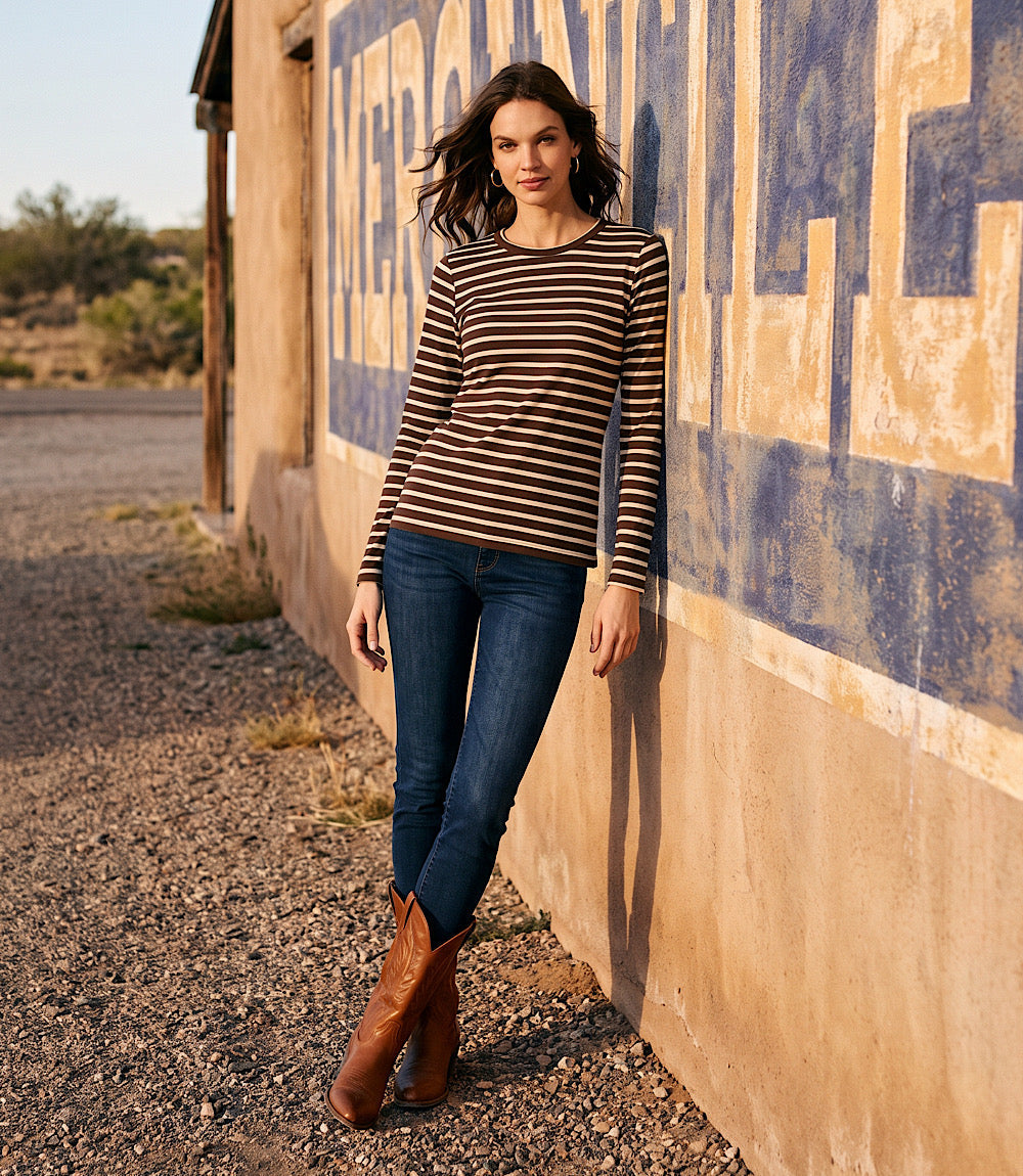 Petite Size Stripe Long Sleeve Crewneck Top