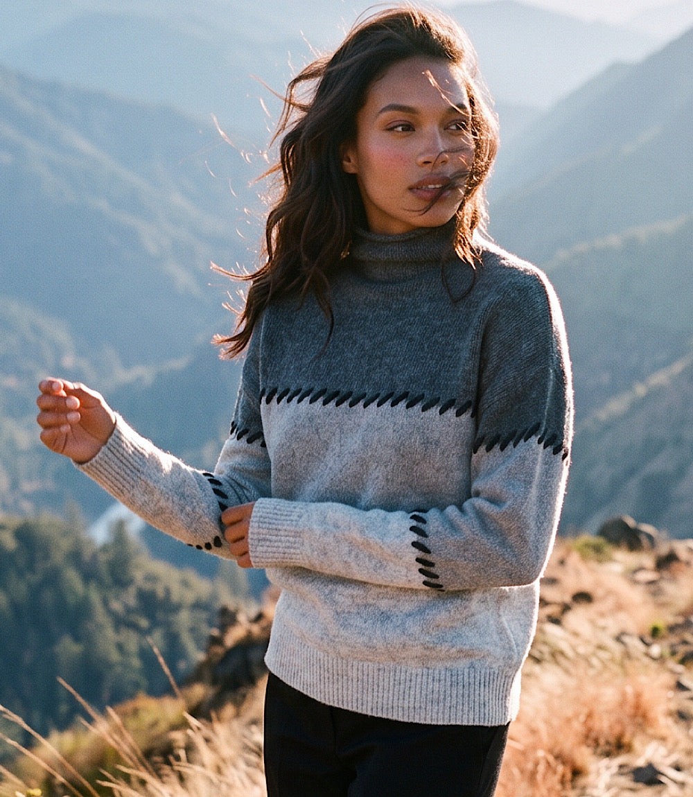 Petite Size Contrast Stitch Mock Neck Colorblock Sweater