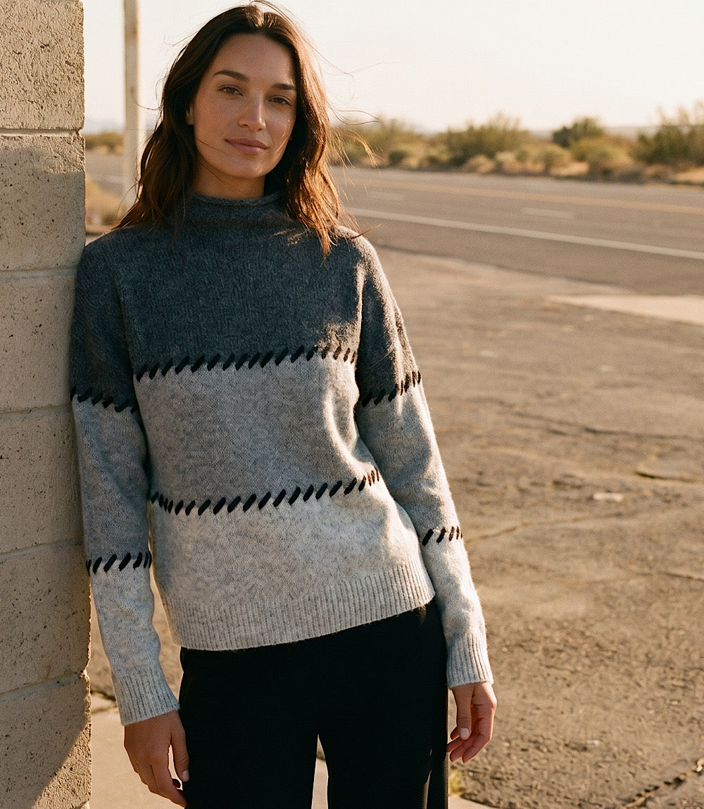Petite Size Contrast Stitch Mock Neck Colorblock Sweater