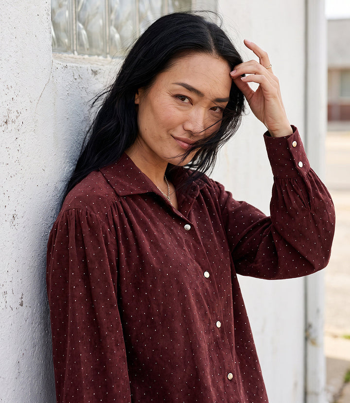 Faux Suede Embellished Dropped Shoulder Blouse