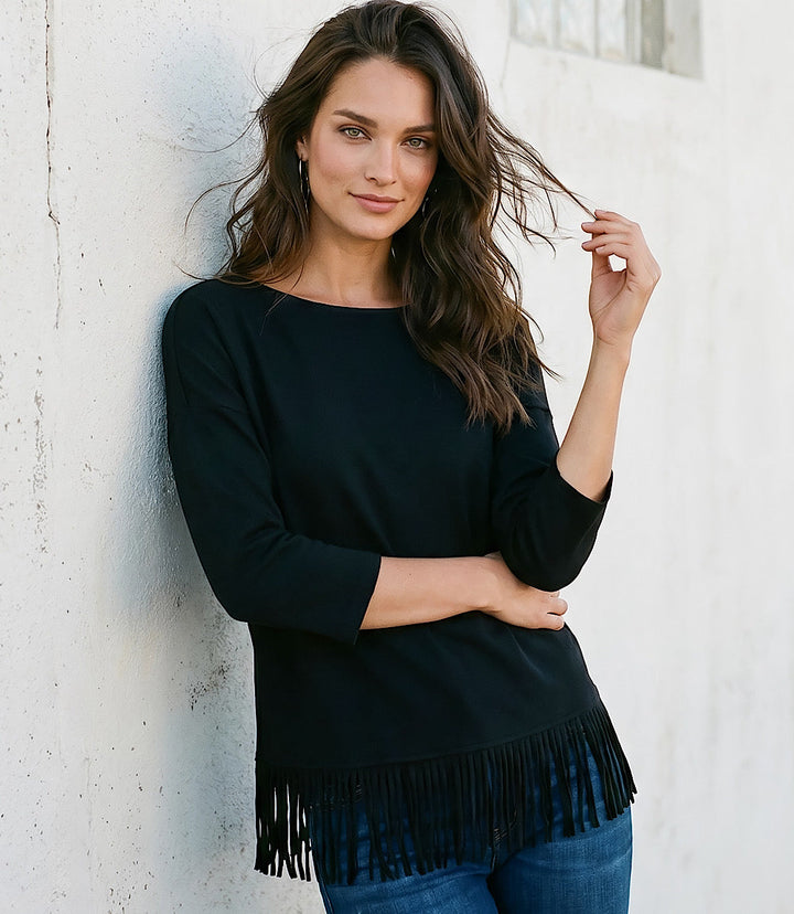 Petite Size 3/4 Sleeve Fringe Boatneck Top
