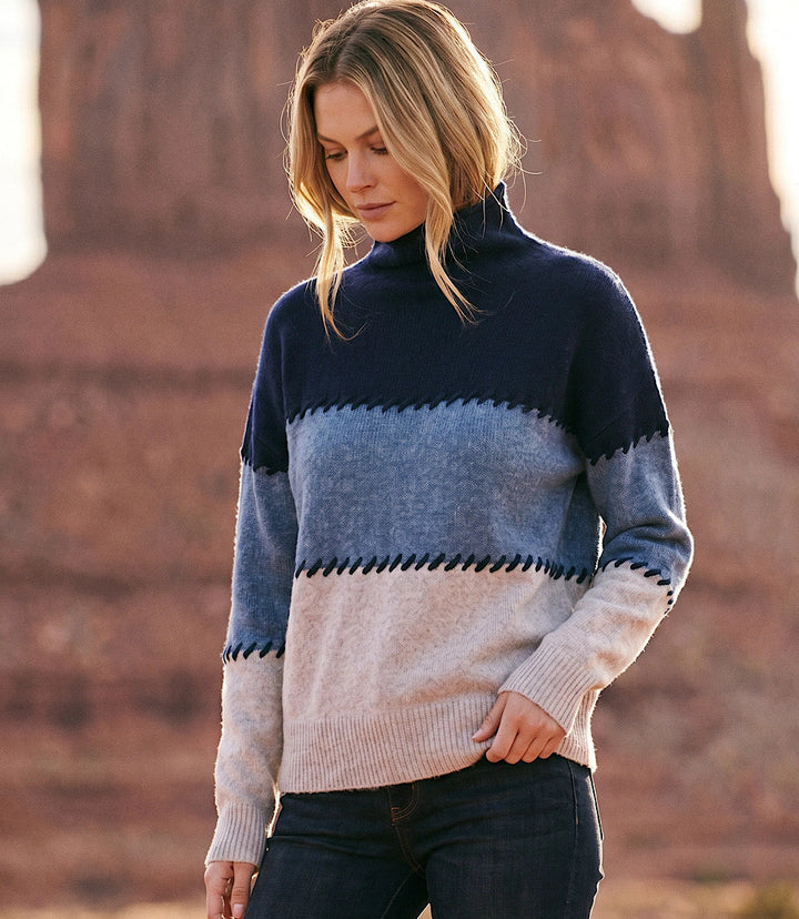 Contrast Stitch Mock Neck Colorblock Sweater