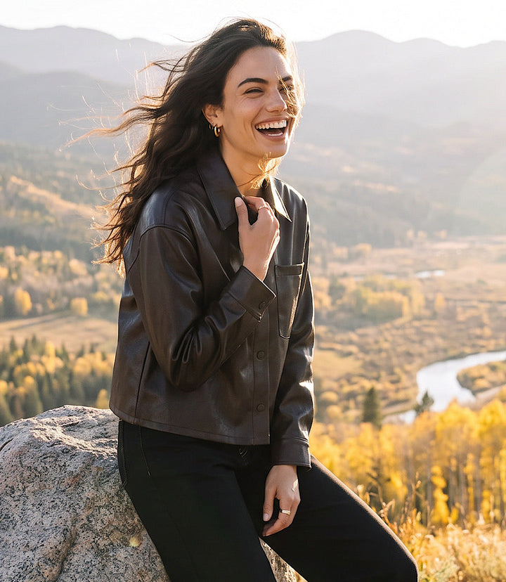 Faux Leather Long Sleeve Button-Up Shirt