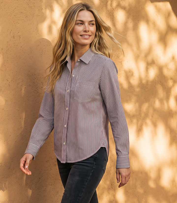 Stripe Long Sleeve Single Pocket Button-Up Shirt
