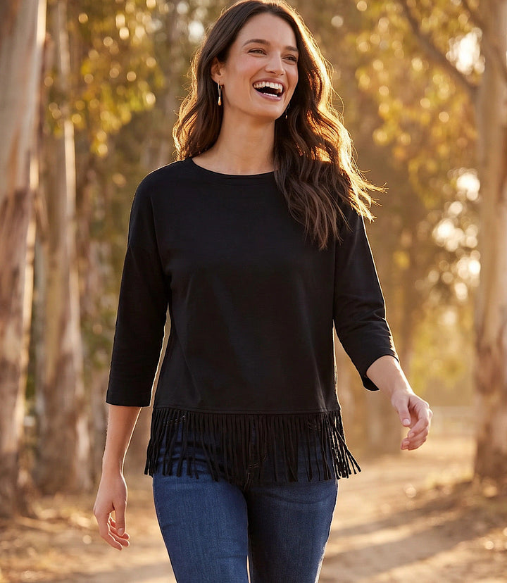 3/4 Sleeve Fringe Boatneck Top