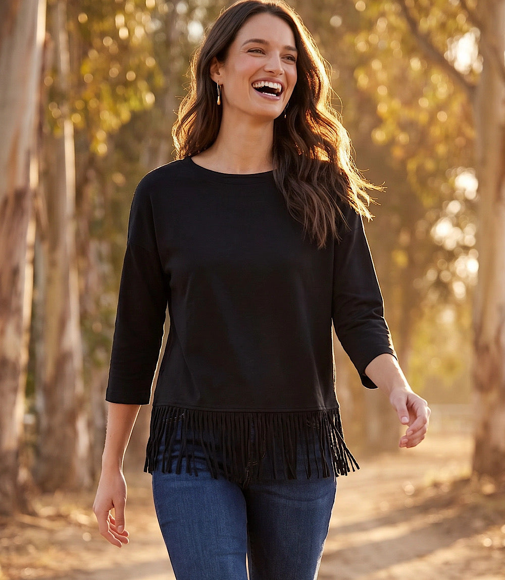Petite Size 3/4 Sleeve Fringe Boatneck Top