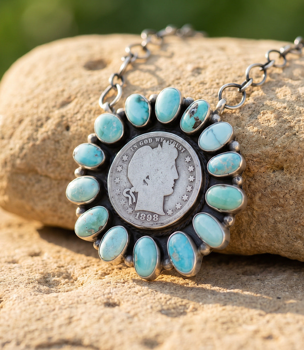 Turquoise Half Dollar Coin Pendant Necklace