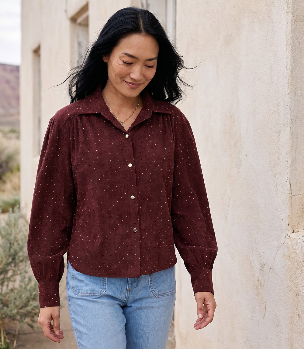 Faux Suede Embellished Dropped Shoulder Blouse