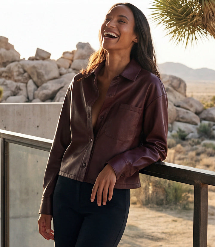 Faux Leather Long Sleeve Button-Up Shirt