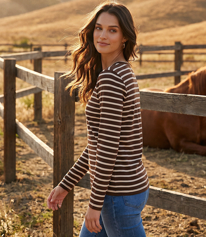 Petite Size Stripe Long Sleeve Crewneck Top