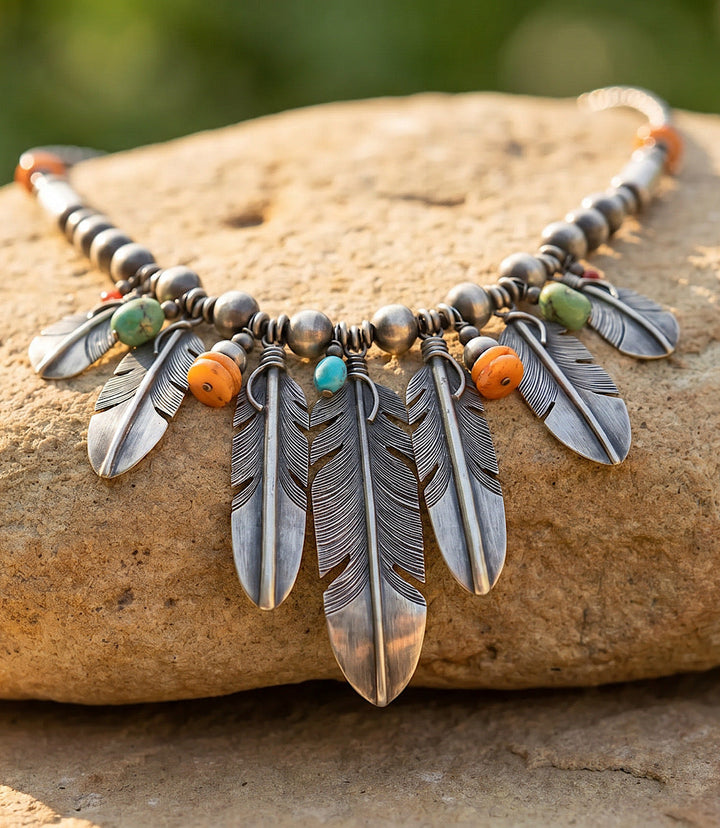 Multi Stone Feather Beaded Turquoise Necklace