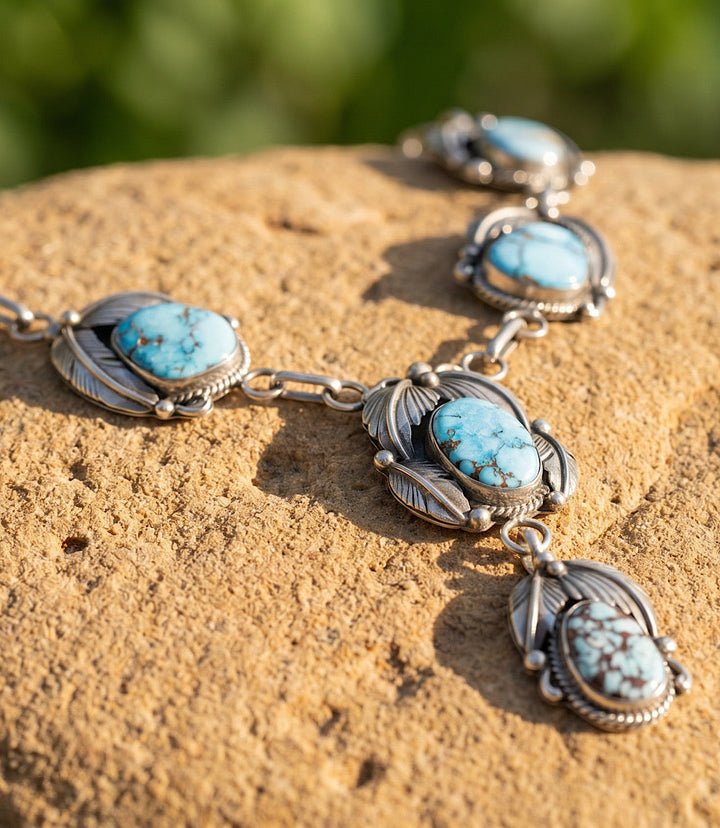 Feather Embellished Turquoise Lariat Necklace