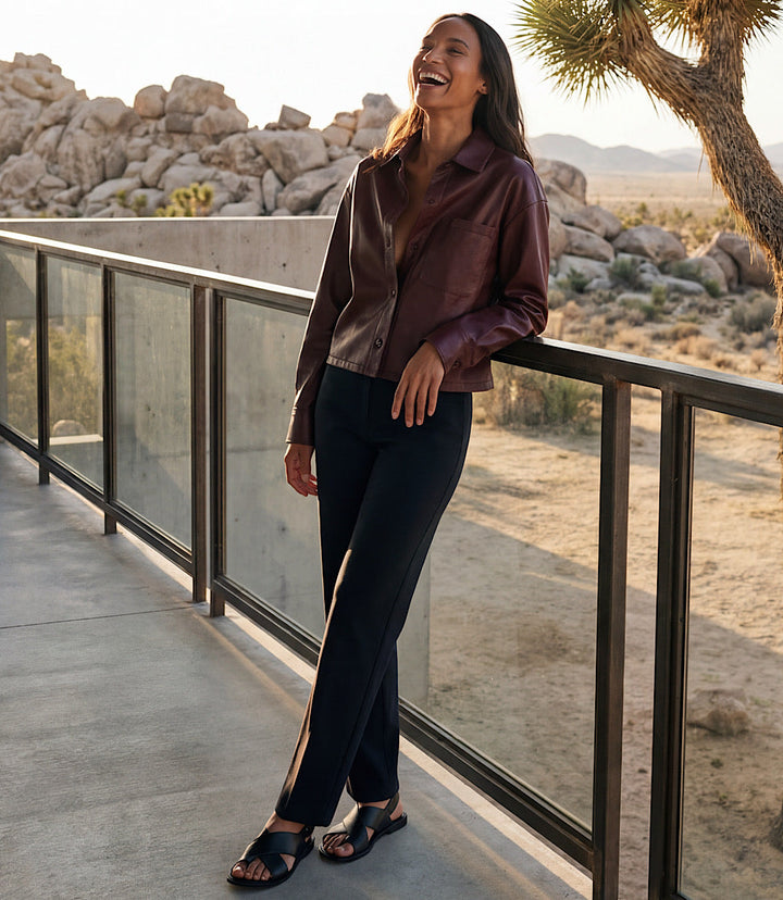 Faux Leather Long Sleeve Button-Up Shirt