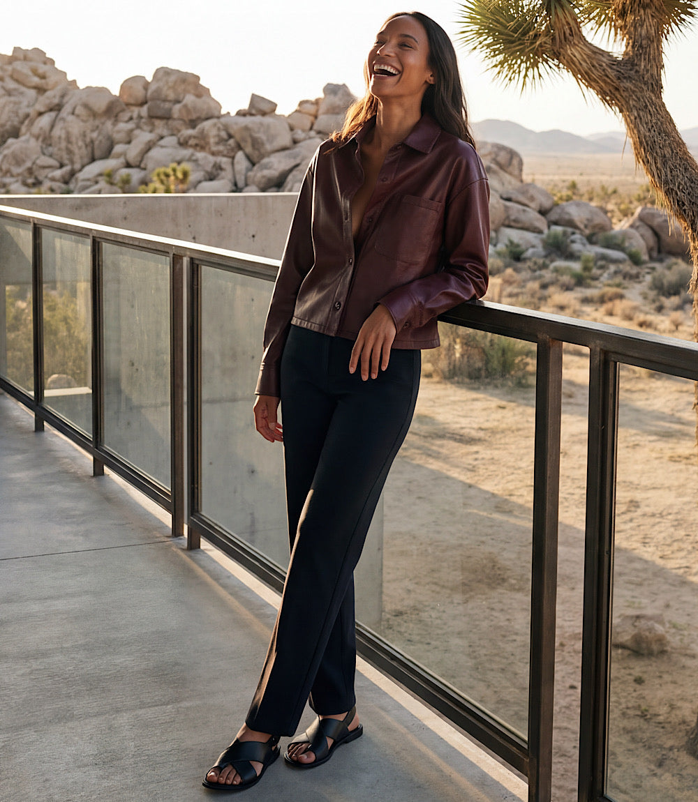 Petite Size Faux Leather Long Sleeve Button-Up Shirt