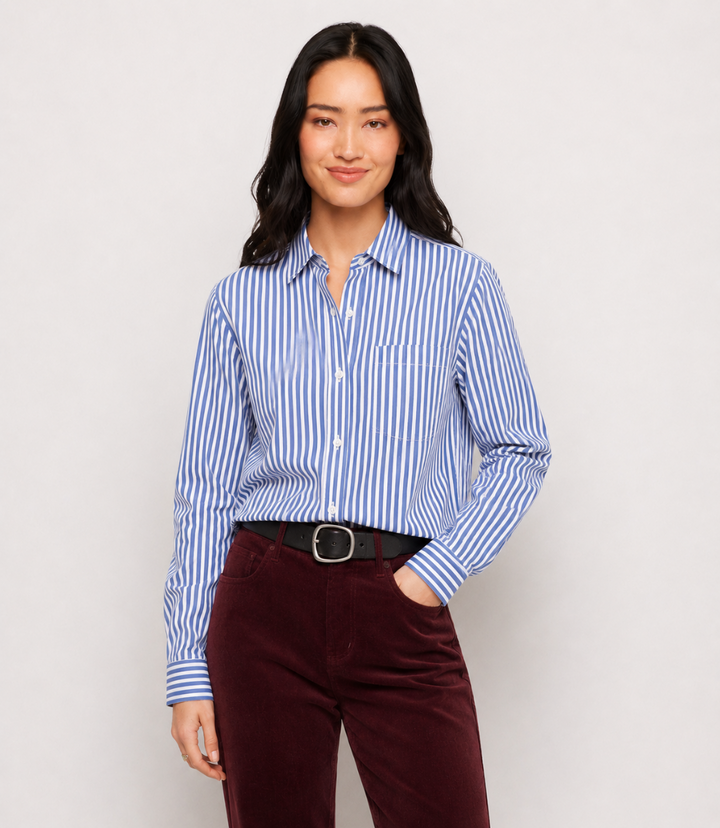 Stripe Long Sleeve Single Pocket Button-Up Shirt