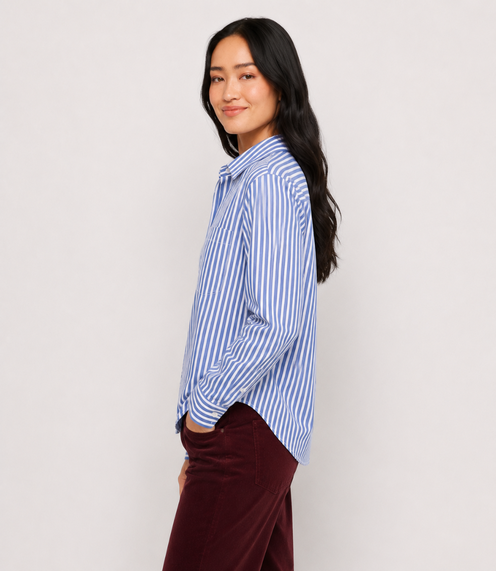 Stripe Long Sleeve Single Pocket Button-Up Shirt