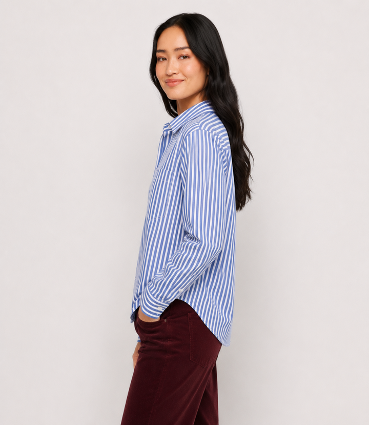 Stripe Long Sleeve Single Pocket Button-Up Shirt
