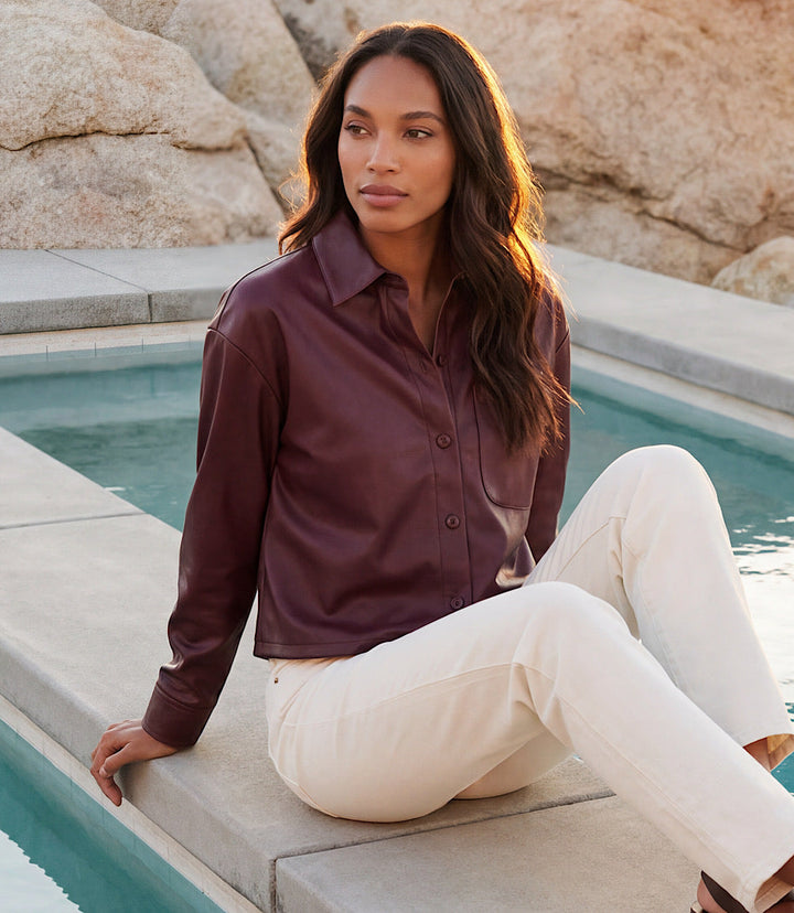 Faux Leather Long Sleeve Button-Up Shirt
