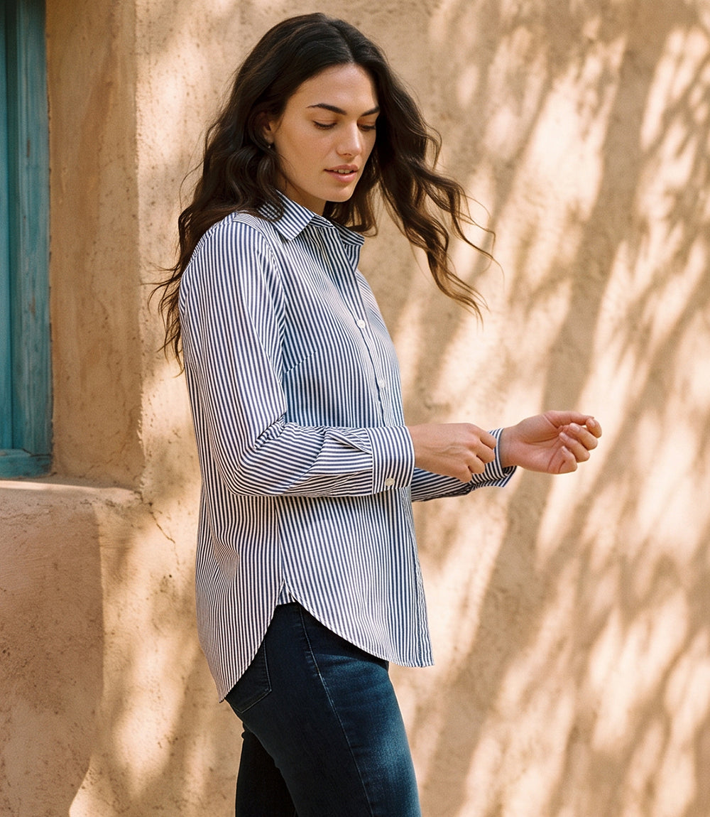 Stripe Long Sleeve Single Pocket Button-Up Shirt