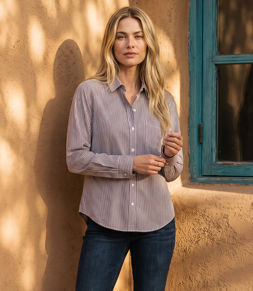 Stripe Long Sleeve Single Pocket Button-Up Shirt