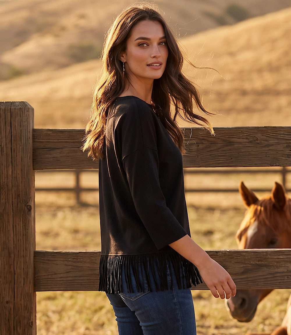 Petite Size 3/4 Sleeve Fringe Boatneck Top