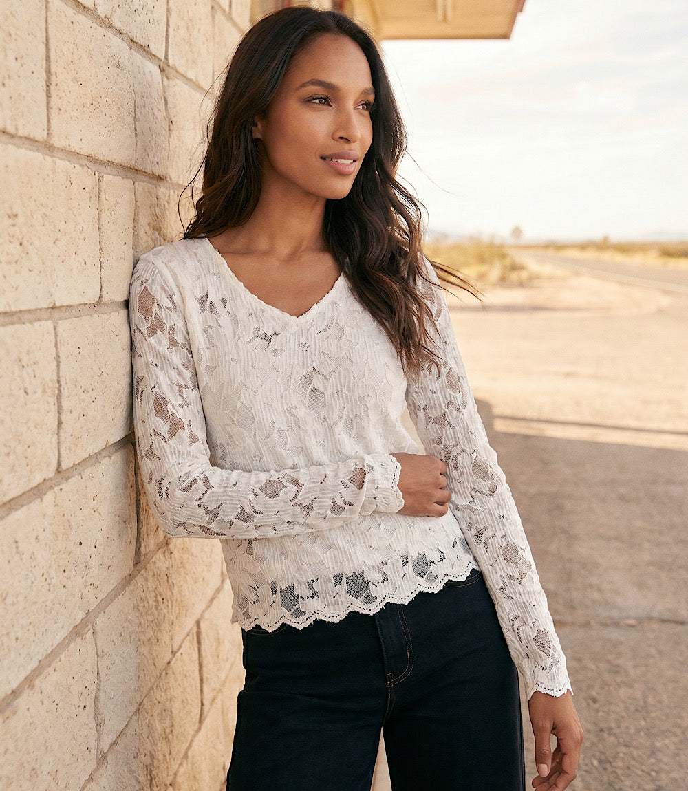 Long Sleeve Floral Burnout V-Neck Top
