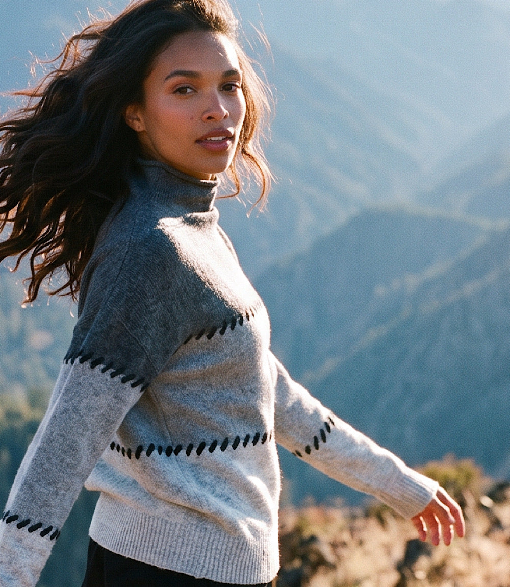 Petite Size Contrast Stitch Mock Neck Colorblock Sweater